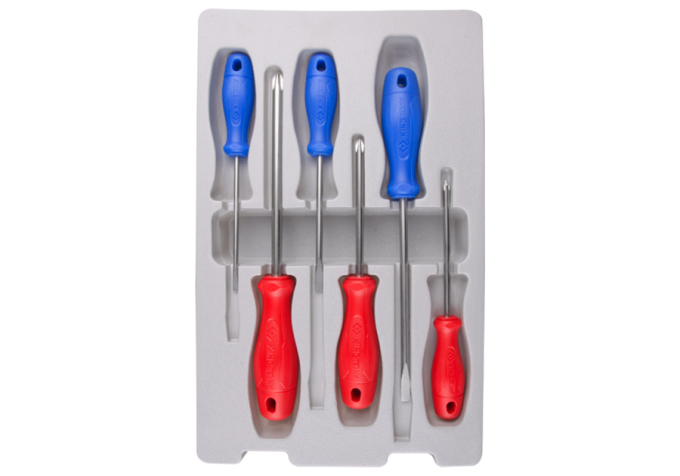 Zestaw wkrętaków śrubokrętów 6 cz. krzyżak PH No.1 x 100, No.2 x 100, No.3 x 150, płaskie 4 x 100, 5,5 x 100, 6,5 x 150, KING TONY 35116MR01