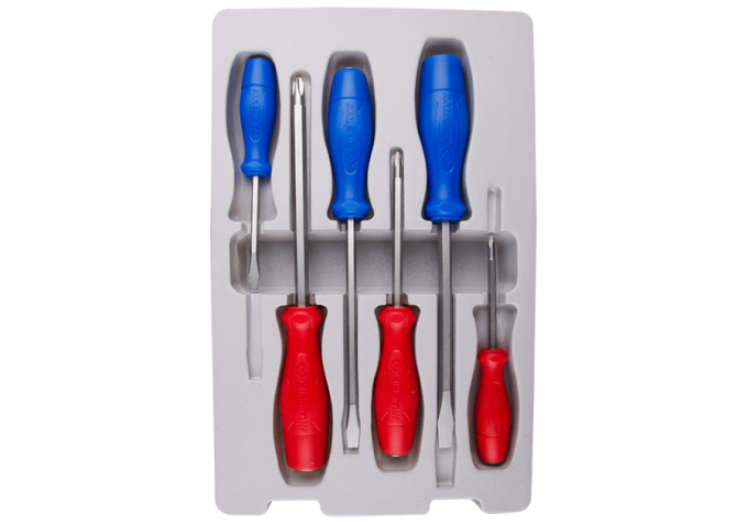 Zestaw wkrętaków śrubokrętów ślusarskich 6 cz. krzyżak PH No.1 x 75, No.2 x 100, No.3 x 150, płaskie 5.5, 6.5, 8.0, KING TONY 36206MR