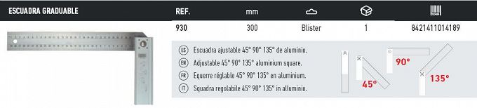 Kątownik, aluminiowy, 300mm, regulowany 45º 90º 135º MEDID 930