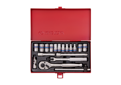 Zestaw nasadek 1/4" 18cz. krótkie, 12/8-kąt. 4 - 12mm z grzechotką i akcesoriami, kaseta KING TONY 2019MR