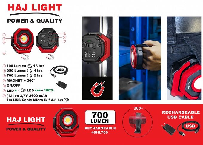 Latarka warsztatowa 700 Lumenów 2600 mAh HAJ LIGHT 49HL700