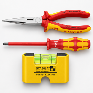Zestaw dla elektryka szczypce tnące półokrągłe izolowane chwytające KNIPEX 26 16 200+ wkrętak izolowany PH2 WERA+ poziomica kieszonkowa "Pocket Electric" 17775 STABILA