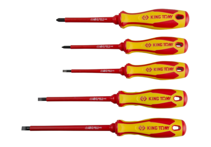 Zestaw wkrętaków śrubokrętów izolowanych 5 cz. pozidriv PZ No.1 x 100, No.2 x 100, płaskie 4 x 100, 5,5 x 125, 6,5 x 150 KING TONY 30605MR
