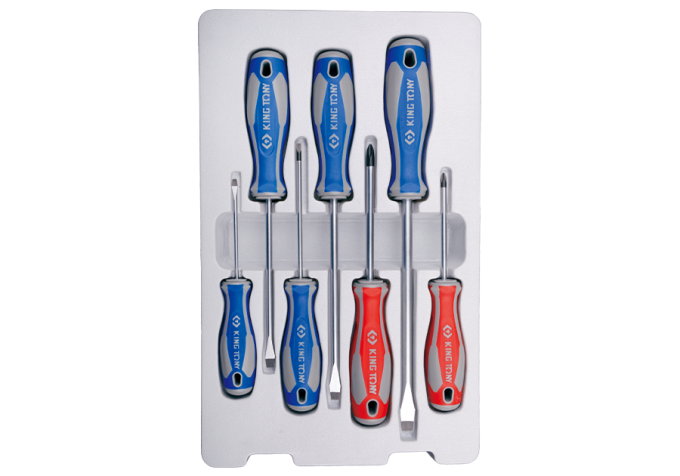 Zestaw wkrętaków śrubokrętów 7 cz. krzyżak PH No.1 x 80, No.2 x 100, płaskie 3 x 75, 4 x 100, 5,5 x 125, 6,5 x 150, 8 x 175 KING TONY 30117MR