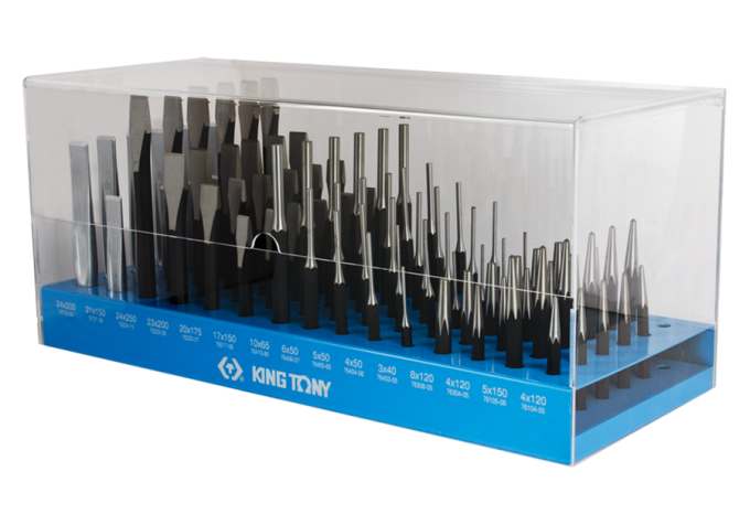 Zestaw punktaków 4-5mm, przecinaków 17-24mm, podbijaków 4, 8mm, wybijaków 3-10mm, dłut 150, 250mm, 90cz. KING TONY 1090PR1
