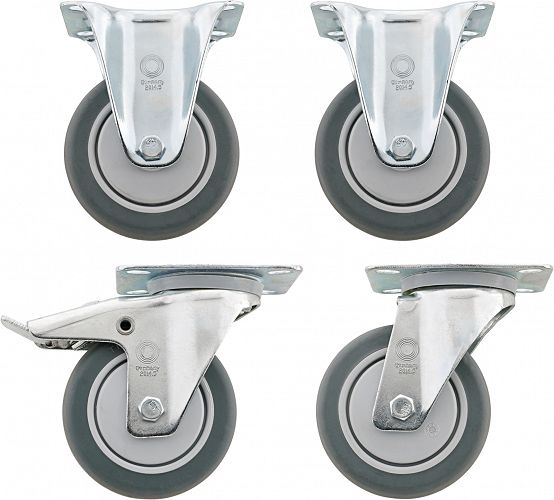Zestaw kółek: 2 nieruchome i 2 ruchome Kółka śr. fi 100 mm, z tego 1 z hamulcem postojowym do nr 90/6A R 90 STAHLWILLE 81490000