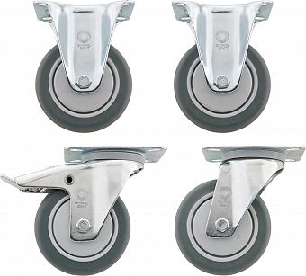 Zestaw kółek: 2 nieruchome i 2 ruchome Kółka śr. fi 100 mm, z tego 1 z hamulcem postojowym do nr 90/6A R 90 STAHLWILLE 81490000