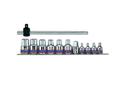Zestaw nasadek 3/8"+1/2" 12cz. E4-E20+pokrętło, chrom, szyna KING TONY 7112PR