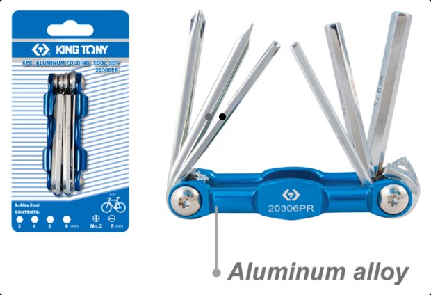 Scyzoryk rowerowy 6 cz. HEX H3 - H6, Krzyżak PH2, PŁASKI 5.0 Z aluminium KING TONY 20306PR