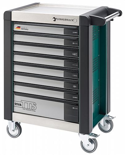 Wózek warsztatowy TTS Basic 8-sfl.zielony z Nakładkami; 823x497x1021mm, max obciążenie: 30kg na szufladę; 750 kg na Wózek; 7 szuflad wysokość 80mm, 1 Szuflada wysokość 160 mm 95/VA8 G STAHLWILLE 81200065