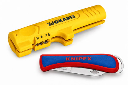Zestaw ściągacz izolacji z kabli przewodów płaskich do 12 mm JOKARI 30140 + nóż monterski uniwersalny ze stali nierdzewnej 16 20 50 SB KNIPEX 145877