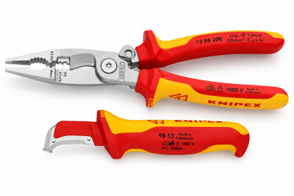 Zestaw dla elektryka, szczypce izolowane 13 96 200 6W1 + nóż do ściągania izolacji ze stopką 98 55 KNIPEX 145444