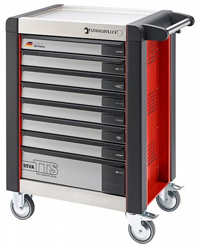 Wózek warsztatowy TTS Basic 8-szufl. czerwony z Nakładkami; 823x497x1021mm, max obciążenie: 30kg na szufladę; 750 kg na Wózek; 7 szuflad wysokość 80mm, 1 Szuflada wysokość 160 mm 95/VA8 R STAHLWILLE 81200066