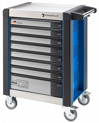 Wózek warsztatowy TTS Basic 8-szufl. niebieski z Nakładkami; 823x497x1021mm, max obciążenie: 30kg na szufladę; 750 kg na Wózek; 7 szuflad wysokość 80mm, 1 Szuflada wysokość 160 mm 95/VA8 B STAHLWILLE 81200067