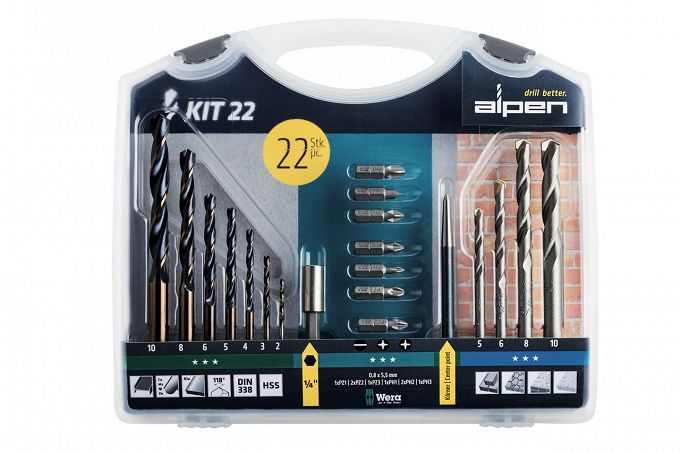 Zestaw do wiercenia i wkręcania KIT 22 22-częściowy, metal, kamień, 9 bitów sortowanych, adapter do bitów, punktak, ZESTAW, KIT ALPEN 0000800222100