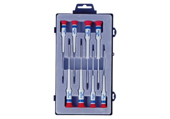 Zestaw wkrętaków śrubokrętów precyzyjnych 8cz. krzyżak PH No.000 - 1 x 75mm, płaskie 1,5 - 3,0 x 75mm, pudełko KING TONY 32118MR