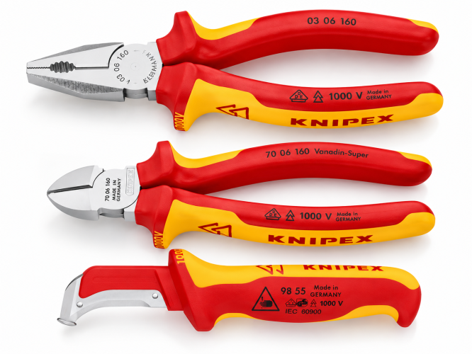 Zestaw kombinerki izolowane uniwersalne 03 06 160 + szczypce tnące boczne 70 06 160+nóż do izolacji 98 55 KNIPEX 145540