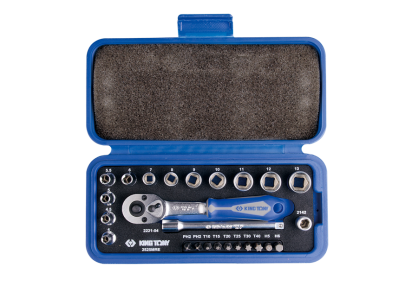 Zestaw narzędzi 1/4" 25cz. nasadki krótkie, 6-kąt. 4-13mm z grzechotką i akcesoriami, kaseta KING TONY 2525MRE