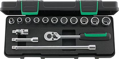Zestaw narzędzi 3/8": 11nasadek 12-kąt 8-19mm+Grzechotka+akcesoria, 15-el. w walizce ABS 45/11/4 KN STAHLWILLE 96021109