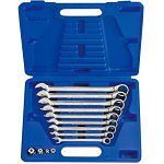 Zestaw kluczy płasko-oczkowych z grzechotką jednokierunkową 13 cz. 8 - 19 mm, z adapterami i na nasadkami 1/4