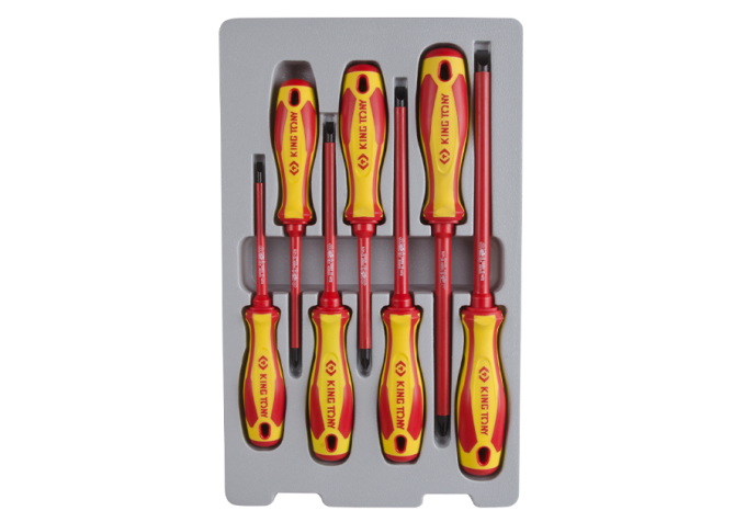 Zestaw wkrętaków śrubokrętów izolowanych 7cz. pozidriv PZ No.1x100, No.2x100, No.3x150, płaskie 4x100, 5.5x125, 6.5x150, 8.0x175 KING TONY 30607MR