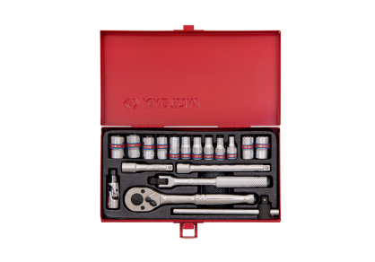 Zestaw nasadek calowych 1/4" 18cz. krótkie, 12/8-kąt. 5/32"-1/2" z grzechotką i akcesoriami, kaseta KING TONY 2019SR