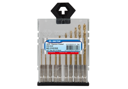 Zestaw wierteł 1/4" HSS 1.5mm - 5mm, w powłoce tytanowej z uchwytem hex, 10 szt.  KING TONY 11101SQ