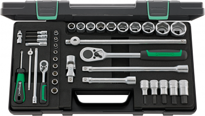 Zestaw narzędzi 1/4" i 1/2" (nasadki 1/4" 6-kąt 4-11mm, nasadki 1/2" 6-kąt 13-30mm, 44 3-5mm, 54 6-14mm, grzechotki+akcesoria), 38-el.w metalowej walizce 40/52/27/11 KN STAHLWILLE 96011160