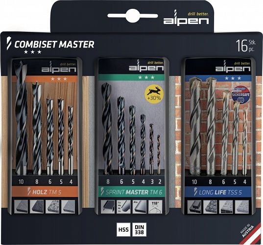Zestaw kombi Master drewno/kamień/metal 16-częściowy, drewno TM 5,LongLife TSS 5, HSS-Sprint Master TM 6, ZESTAW, Combiset Master ALPEN 0000811003100